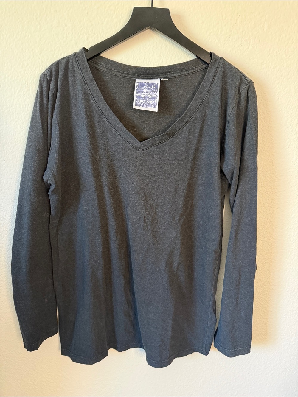Jungmaven Charcoal Sunwashed V-Neck Long Sleeve Tee Size L
